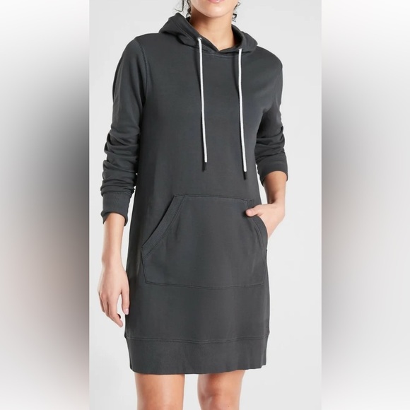 Athleta Dresses & Skirts - Athleta S Sundown black hoodie sweat-dress NWOT pass thru pocket drawstring hood